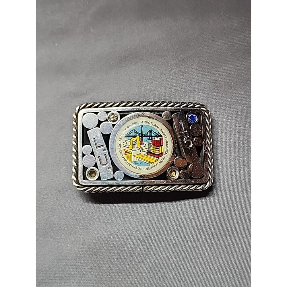 Vtg Bridge Structural Ornamental Ironworkers Belt Buckle NY Local 15 P.F.T COLOR